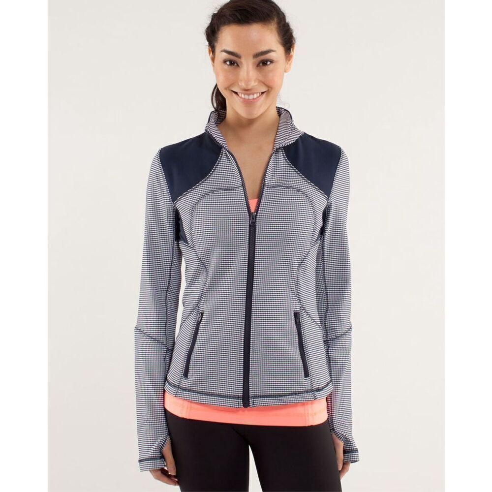 Lululemon Forme Jacket Blue Gingham Check Inkwell Size 10 Zip Up